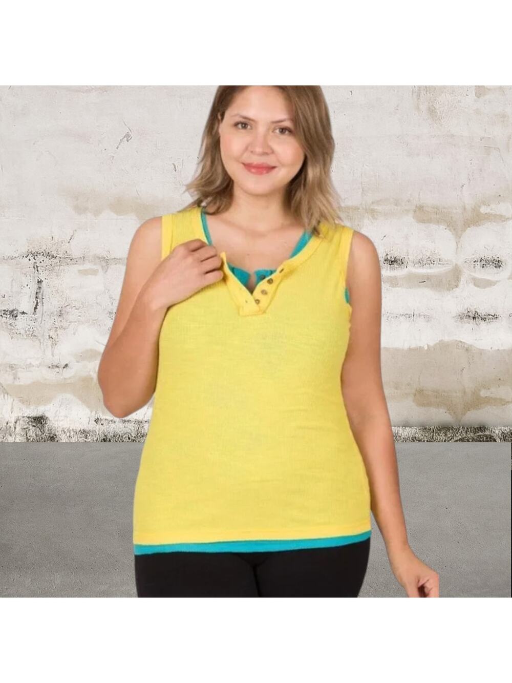 Zenana NEW Ribbed Henley Tank in Yellow-Size Large